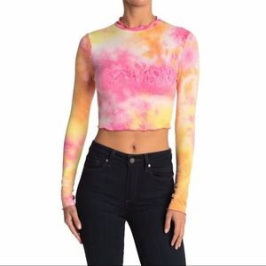 Abound Tie-Dye Long Sleeve Lettuce Edge CropTop In Pink/Yellow Size L